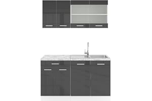 Vicco cucina monoblocco R-line, Antracite lucido/bianco, 140 cm, PL Marmo