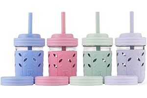 Elk and Friends Kids & Toddler Cups | The Original Glass Mason Jars 8 oz with Silicone Sleeves & Silicone Straws with Stoppers | Smoothie Cups | Spill Proof Sippy Cups for Toddlers | 4 Pack