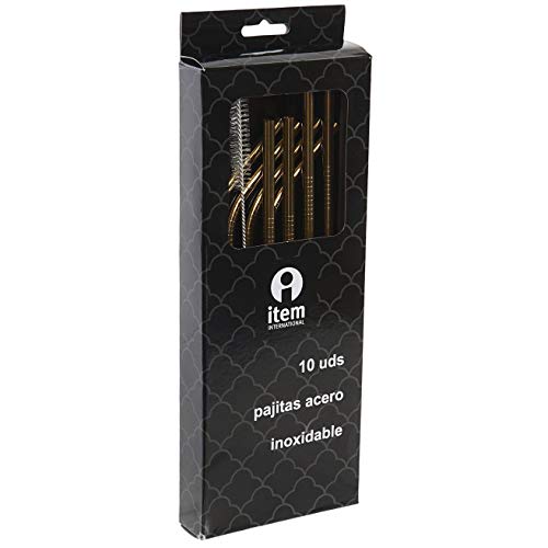 Item International Lot de 8 pailles réutilisables en Acier Inoxydable Doré