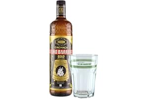 Cachaça Velho Barreiro GOLD 1 L Geschenk-Set/brasilianischer Qualitäts-Zuckerrohrrum plus 1 Caipirinha Glas mit VELHO BARREIRO Aufschrift
