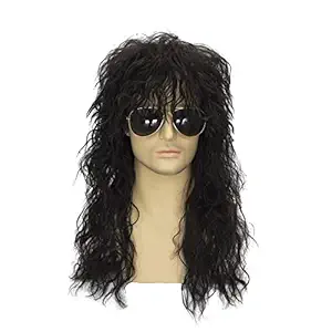 Wavy: Tsnomore 80S Wigs Costumes Male Wig Punk Heavy Metal Mullet Wig Black Curly Long (Wavy)