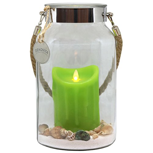 Dekovita Geschenkidee 30cm Dekoglas LED-Echtwachs Kerze grün m. bewegter Flamme u. Deko-Sand Ostern Muttertag Geburtstag