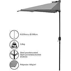 [casa.pro] demi-parasol (Ø300cm) (gris) parasol à manivelle / parasol de marché / parasol de jardin / en demi-cercle