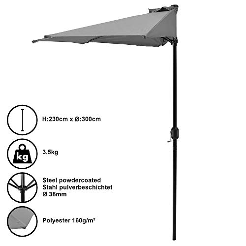 [casa.pro] demi-parasol (Ø300cm) (gris) parasol à manivelle / parasol de marché / parasol de jardin / en demi-cercle