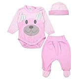 Lächelndes Bärchengesicht mit angenähten Öhren auf dem Body und hinten auf der Stramplerhose