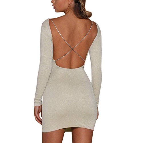 HCFKJ Femmes Sexy Manches Longues Backless Robe Moulante Brillante Ladie Slim Party Club Mini Style boîte de Nuit Design Cocktail Soirée Clubwear (L, Noir)