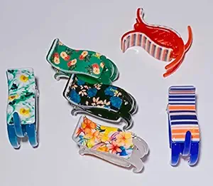 S R SELECTION Plastic Sheet T-3 Big Hair Clutcher/Claw Clip for Women & girls (Medium, Multicolour, Mix Prients) - Pack of 6
