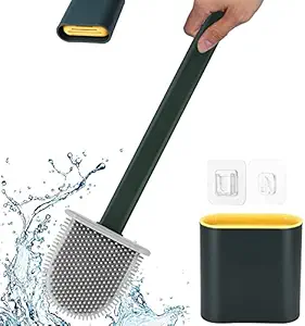 Fezora Silicon Toilet Brush with Wall mounting Sticker Slim Holder Flex Toilet Brush Anti-drip Set Toilet Bowl Cleaner Brush, No-Slip Long Handle Soft Silicone Toilet Brush (Multi Color)