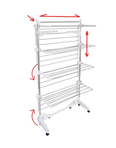 Wäscheständer – Wäscheturm mit 4 verstellbaren Ebenen und extra Stangen zum Trocknen von Bettlaken – 147 x 87 x 64 cm – silber - 2
