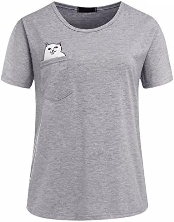 Ladies Funny Pocket Cartoon Cat T Shirt Summer Short Sleeve Casual Top Harajuku Autumn White Black Grey Middle Finger UK