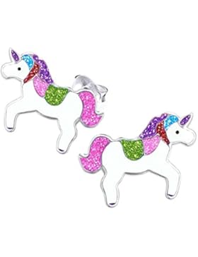 GH1a Multicolor Glitzer Einhorn Ohrstecker 925 Echt Silber Ohrringe Kinder Pferd Emaille