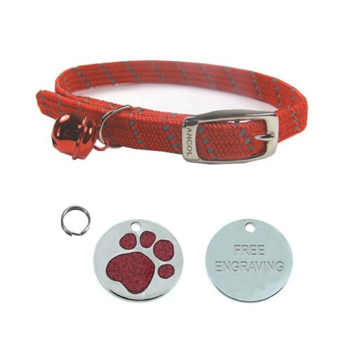 ANCOL-Cat-Red-Reflective-Elasticated-Softweave-Collar-With-Engraved-Paw-Print-Glitter-Cat-ID-Tag