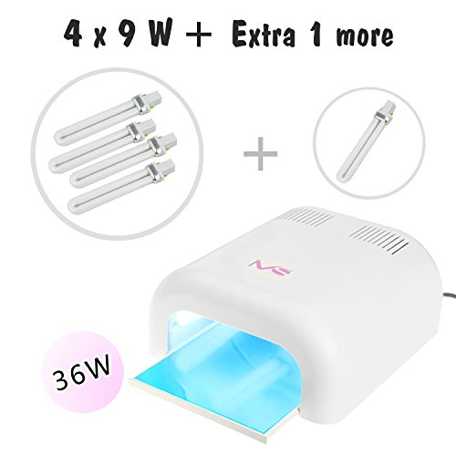 MelodySusie® High Quality Portable White 36W UV Lamp Light Acrylic Nail Dryer Curing Light Quick Drying with Sliding Tray & 2 Timer Settings + 4 * 9W UV Lamp + 1 * Free Extra Bulb