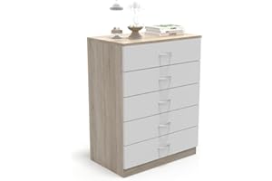 DORMIDAN - Cómoda 5 cajones guías metálicas, habitación Dormitorio, Armario con cajoneras. (Roble cajones Blancos)
