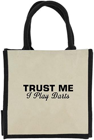 Trust Me I Play Darts in Black Print Jute Midi Shopping Bag with Black Handles and Trim