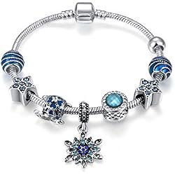 Presentski Grano Azul Copo de Nieve Brazalete Encantado Brazalete de Cadena de Serpiente Plateado, Regalo para el Día de Navidad