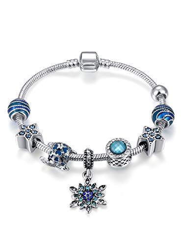 Presentski Grano Azul Copo de Nieve Brazalete Encantado Brazalete de Cadena de Serpiente Plateado, Regalo para el Día de Navidad