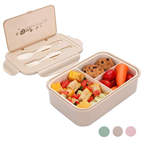 MEIXI Fiambrera Compartimentos, Fiambrera Infantil, Caja de Bento con 3 Compartimentos y Cubiertos, Fiambreras Caja de Alimentos Ideal para Almuerzo y Bocadillos para Niños y Adultos(Caqui)