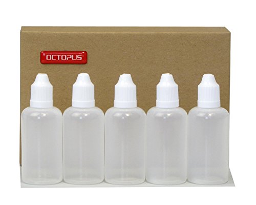 5 x 50 ml Octopus Tropfflaschen, zur Dosierung von Flüssigkeiten, E-Liquids, Augentropfen, leere LDPE Kunststoffflaschen transparent, Tropferflaschen mit weissen Tropfverschlüssen, mit Kindersicherung, inkl. 5 Beschriftungsetiketten