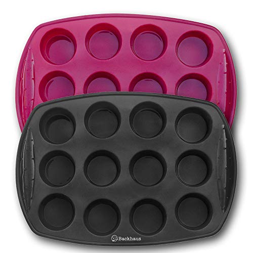 Backhaus Moule à Mini Muffins 12 cavités x2, Set à Pâtisserie Anti Adhérent, Moule à Brownie - Cupcake en Silicone de Qualité Pro | Rouge & Noir