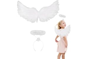 HONGECB Engel Kostüme Federn, Weiße Engelsflügel Deko mit Heiligenschein, 60CM Engel Flügel, Engel Kostüm Damen, Engels Flügel Kostüm, Party Fasching Kostüme, für Halloween Karneval Kostümparty, Weiß