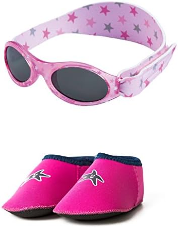 BabyBanz Dooky Pink Stars sunglasses and Shore Feet Baby Shoes age 0-24 months Combo Pack Pink (S, 6 - 12 months, shoe size UK C2-3.5, EU 18-19.5)