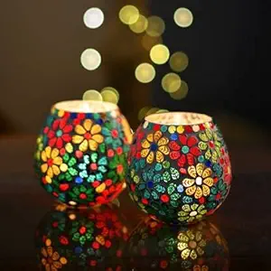 TRIOHOMES Mosaic Glass Candle Votive T Light Holder Home Decor Lighting with Tea Light, Round Multi Colour Floral Design Set Of 2 Attractive Look - Home Decoration, Dining Table, Diwali, Christmas, Hotel, Party, Room
