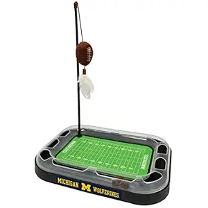 NCAA MICHIGAN WOLVERINES FOOTBALL FIELD CAT SCRATCHER TOY with CATNIP Filled Plush FOOTBALL Toy & Feather Cat Toy hanging, with Jingle Bell INTERACTIVE BALL Cat Chasing 6-in-1 KITTY Toy