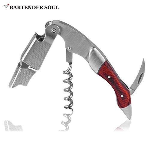 Professioneller Korkenzieher (Pakkaholz), Doppelhebel mit Dämpfung, Ausgezeichneter Wein Flaschenöffner, Auswahl an Sommeliers und Kellner, mit Folienschneider, Edelstahl aus harter 420 Grad für Bierflaschen - 2