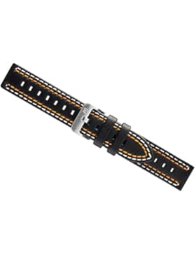 Dakota Ersatzband Uhrenarmband Leder Band - schwarz mit weiß/oranger Doppelnaht 24411S, Stegbreite:20mm