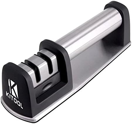 KITOOL Knife Sharpener for Straight and Serrated Knives, 2 Stage Diamond Coated Sharpening Wheel System - Black