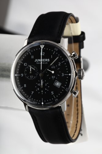 Junkers Men's Bauhaus Quartz Watch with Black Dial Chronograph Display and Black Leather Strap