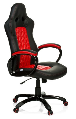 hjh OFFICE, 621844, Gaming chair, Home office chair, RACER EXECUTIVE, red, faux leather, High back sport racing car swivel computer pc chair with padded armrests , modern and ergonomic design, decorative stitching