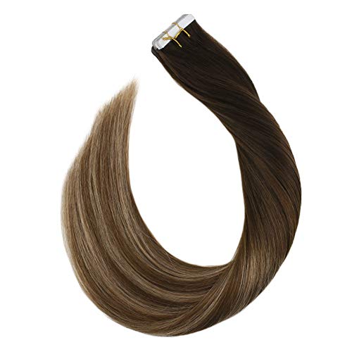 Ugeat 18Pouces Balayage Adhesif Double Face Extension Cheveux 50 Gramme 2.5GR/PC Skin Weft Tape Bandes Adhesives Extensions Lisse Droit Brun Le Plus Fonce a Brun Moyen et Brun Dore Clair #2/6/12