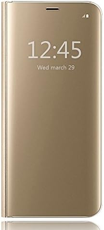 Clear Standing Flip Case Cover with Auto ON/OFF Function Slim Fit Translucent Mirror Smart Cover for Samsung Galaxy S8, HiChili Luxury [Metal Electroplating Technology] Mirror Touch Flip Folio Case Cover For Samsung Galaxy S8 Plating Ultra Slim Fit Book Style Practical Full-body Protective Anti-Scratch Case, Golden