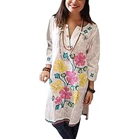 Womens White Tunic Dress Top Floral Ethnic Embroidered Cotton Kurti S/M