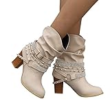 TianWlio Boots Stiefel Schuhe Stiefeletten Frauen Herbst Winter Retro Glänzende Nieten Stiefeletten Ferse Halbe Stiefel Schuhe Weihnachten Beige 43