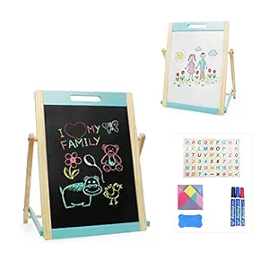 KIDS WONDER Kids Drawing Board Portable Easel Wooden Tabletop for Toddlers Foldable Double-Sided Whiteboard & Blackboard Painting Gifts for Artist Boys Girls