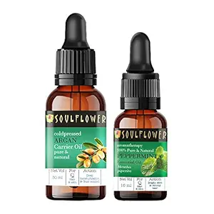 Soulflower Argan Carrier Oil & Peppermint Essential Oil Combo (30ml + 15ml) Pack of 2| 100% Pure, Natural, Undiluted, Cold pressed & Lightweight for Hair, Skin and Face