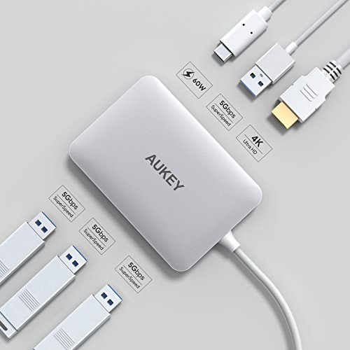 AUKEY USB C Hub mit HDMI Port ( 4K ), 4 USB 3.0 Ports und USB C Ladeanschluss ( Power Delivery ) USB Type C Hub für MacBook Pro 2016 , Samsung Galaxy S8 usw. - 2