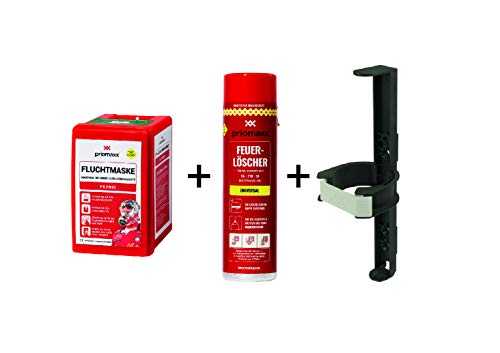 Preisvergleich Produktbild Priomaxx Fluchtmaske mit Feuerlöscher-Spray Universal und (Fahrzeug) Halterung