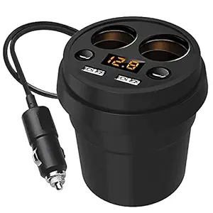 GGICO Car Cigarette Lighter Socket Adapter Splitter with Dual Car Chargers with Separate Switch and LED Battery Voltage Display with 2 USB Ports | Power Chargering Cup | Car Cigarette Lighter Plug