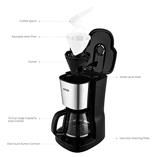 Aicok Filter Kaffeemaschine mit Thermoskanne Glaskanne und Warmhalteplatte, Elektrisch, 10 Tassen, 1,25L, 1000Watt, Schwarz, Schnell Kochen - 4