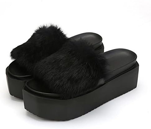 Chinela Women'S Slippers Plush Rabbit Fur Platform High-Heeled Autumn / Winter Shoes Home Shoes, Black , 38