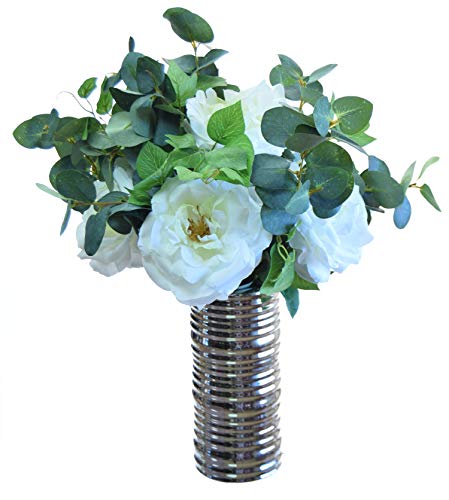 e-flor made man Arreglo Floral Compuesto por Rosas y Eucalyptus Artificiales, Ideal para Decoración de Hogar