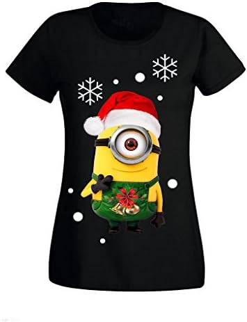 Women's Ladies Minions Cartoon Movie Character Christmas Xmas Jumper High Quality Printed T Shirts UK Size 8-16 (X-Large) Black