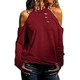 iHENGH Damen Top Bluse Lässig Mode T-Shirt Frühling Sommer Frauen Bequem Blusen Lange Hülse Weg vom Schulter Normallack beiläufiges Hemd Einfache Oberteile(Wein, XL)
