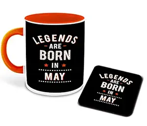 DecorVecor Legends are Born in May Inspiration Printed Orange Inner Colour Ceramic Coffee Mug with Coaster- Quotes, Born in May, Best Gift | Born in May, Months (Multi 9)