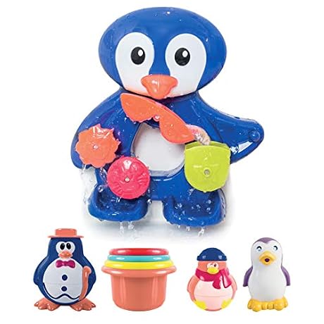 LUDI Un grand pingouin pour jouer lheure du bain Ds 12 mois Fixations ventouses Coffret de jeux deau moulins verres gigognes percs coupelle et 3 petits pingouins rf