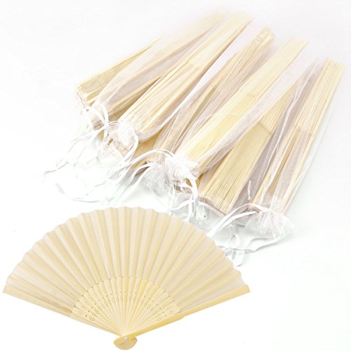 10er Beige HANDFÄCHER TASCHENFÄCHER STOFFFÄCHER mit 10 Organzabeutel Hochzeit Party Gastgeschenk